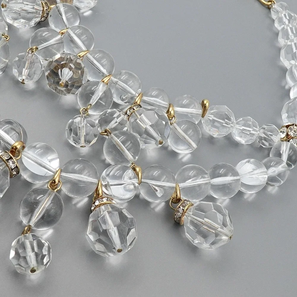 J Crew Clear Lucite Bead Bib Statement Necklace Chandelier Multi Strand Collar